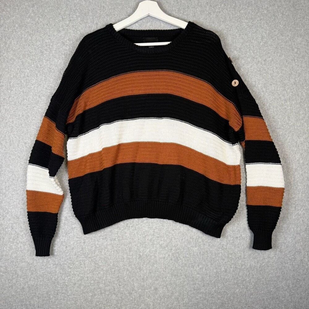 Lumiere Womens Size Large Pullover Sweater Brown Stripe Shoulder Button Details
